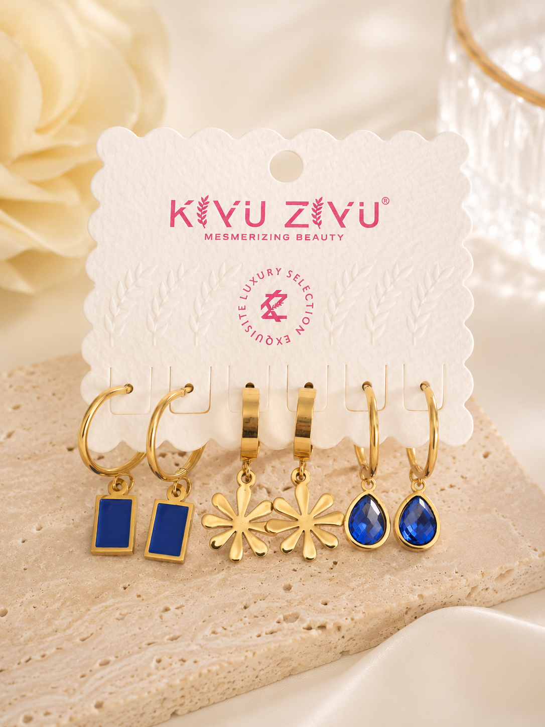 3-Pair Gold Hoop Earring Set with Blue Enamel, Floral & Sapphire Crystal Charms