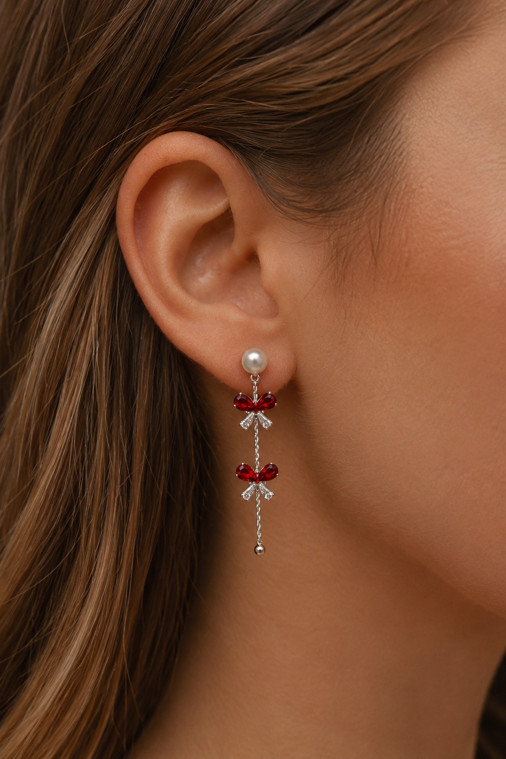 Dangling Romantic Ruby Bow Earrings