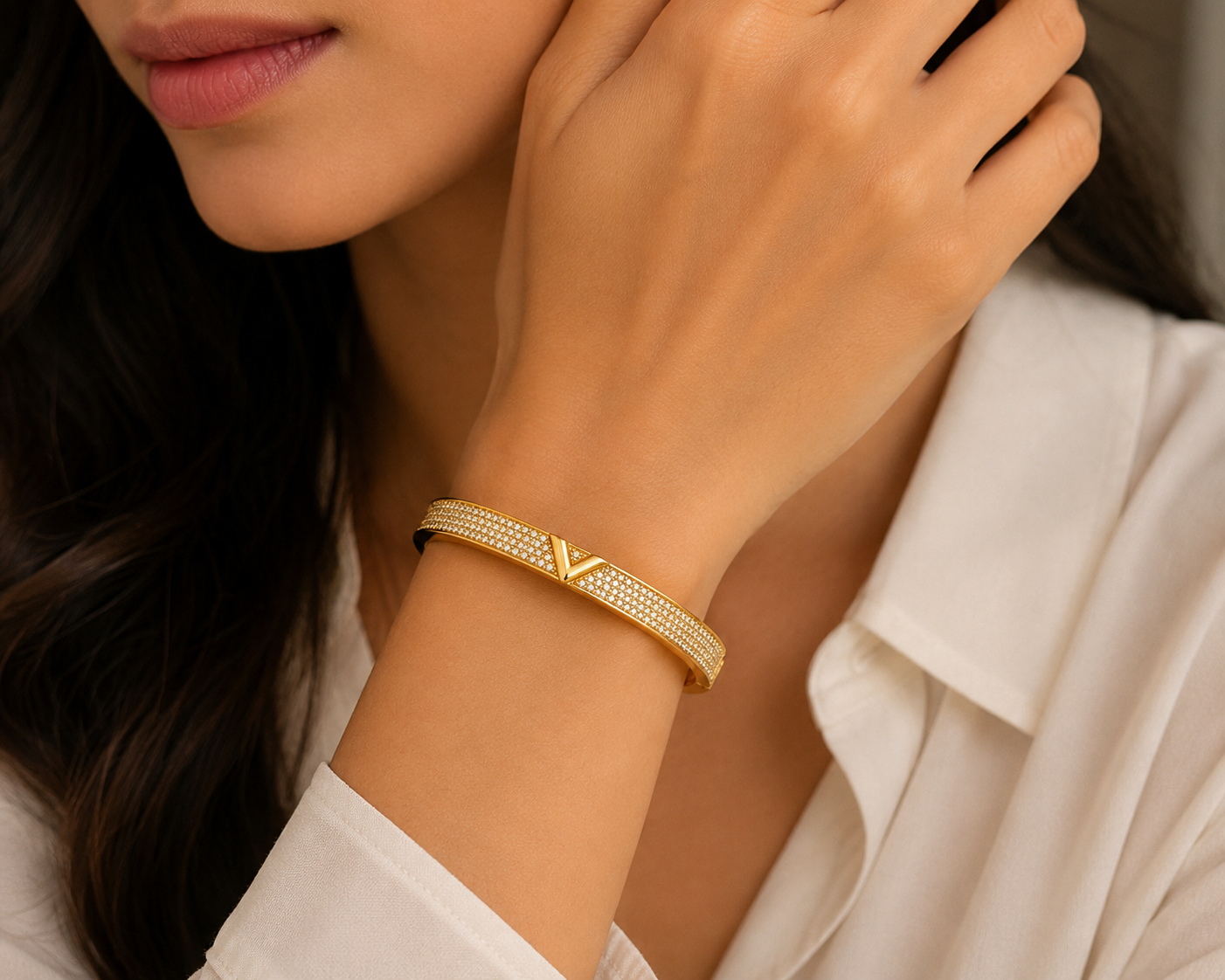 RoseAura Luxe V Crystal Gold Bangle Bracelet