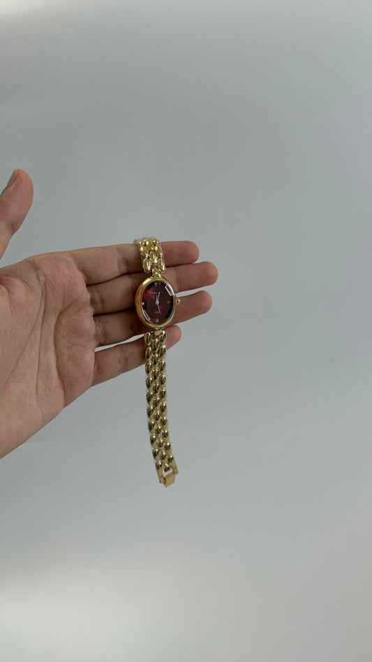 Gold Tone Maroon Oval Watch A