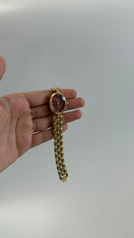 Gold Tone Maroon Oval Watch A