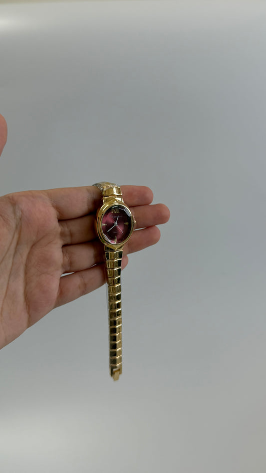 Gold Tone Maroon Oval Watch