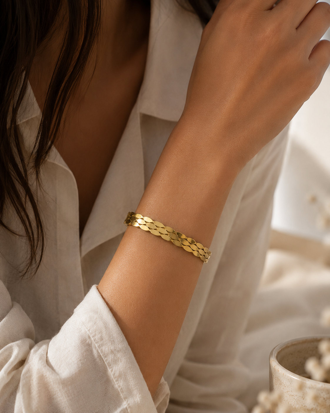 RoseAura Luxe Wave Gold Bracelet for Women | Elegant Textured Stainless Steel Bangle | Minimal Luxury Jewelry