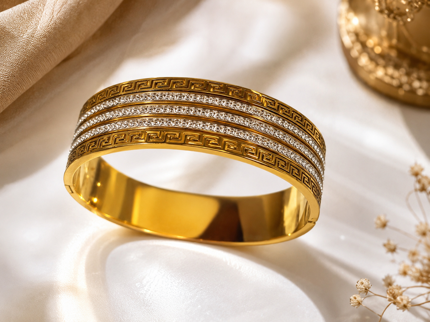 Luxury Greek Pattern Crystal Gold Bangle Bracelet for Women | Stainless Steel Premium Cuff Bracelet | Elegant Party & Daily Wear Jewelry