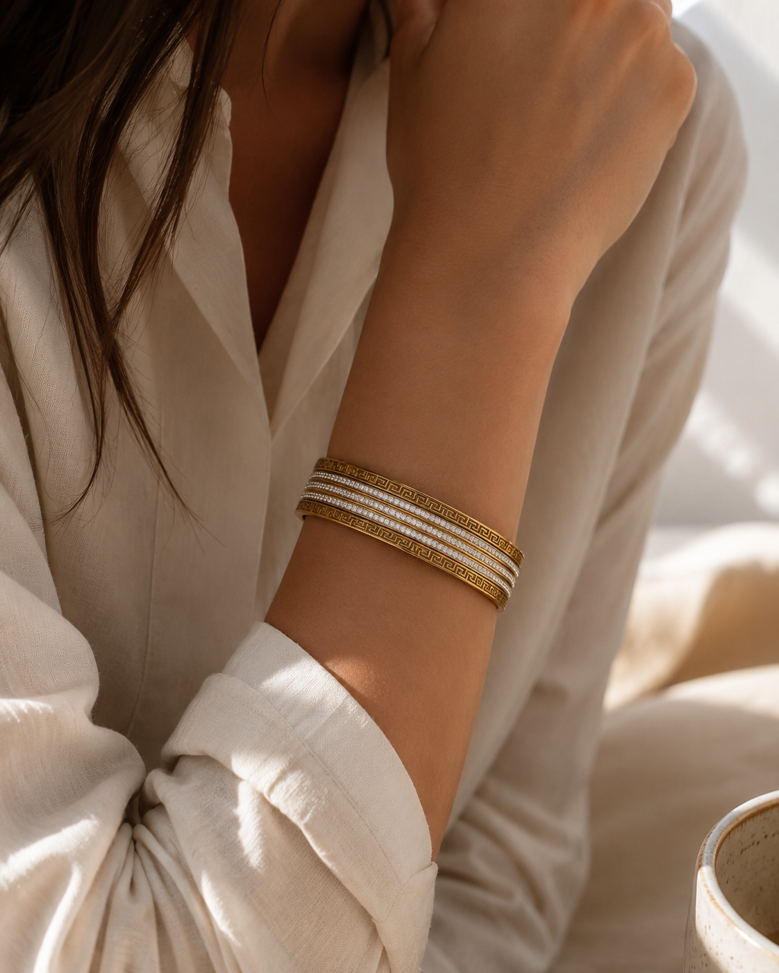 Luxury Greek Pattern Crystal Gold Bangle Bracelet for Women | Stainless Steel Premium Cuff Bracelet | Elegant Party & Daily Wear Jewelry