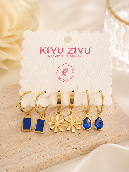 3-Pair Gold Hoop Earring Set with Blue Enamel, Floral & Sapphire Crystal Charms