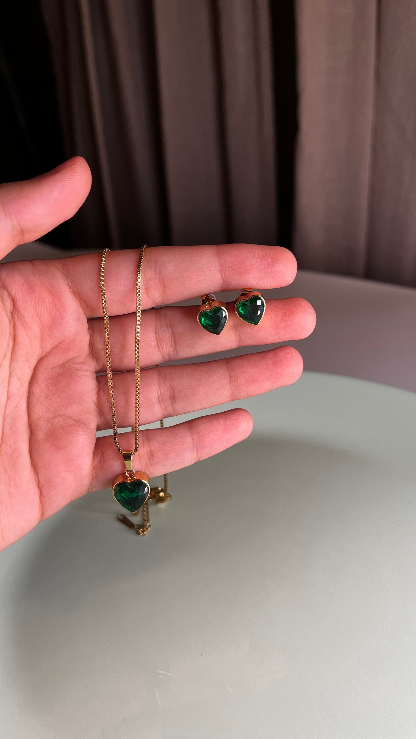 Emerald Heart Necklace & Earrings Set
