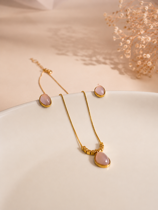 Minimalist Blush Pink Gemstone Necklace and Stud Earrings