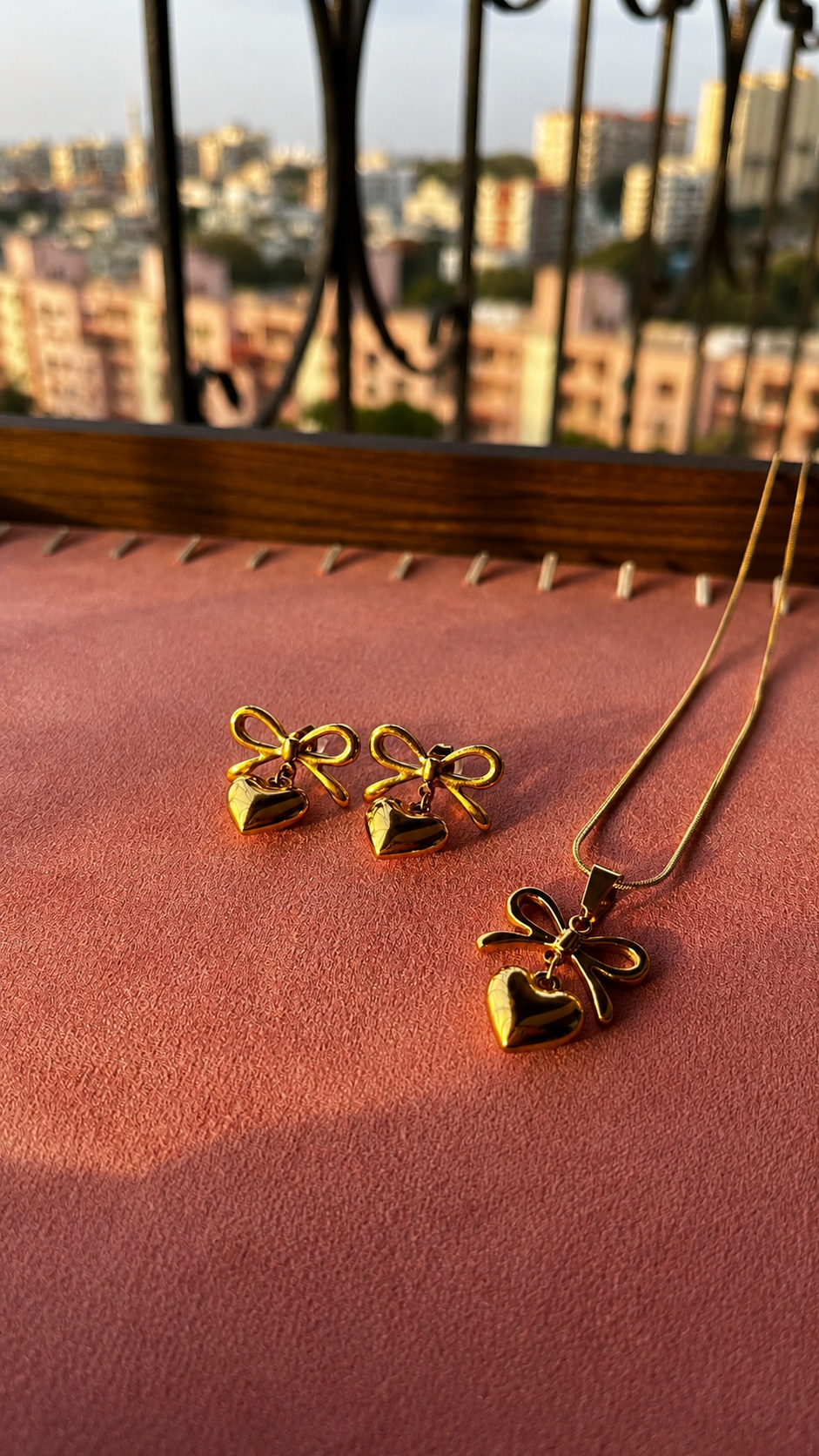 Golden Heart Bow Pendant & Earrings Set